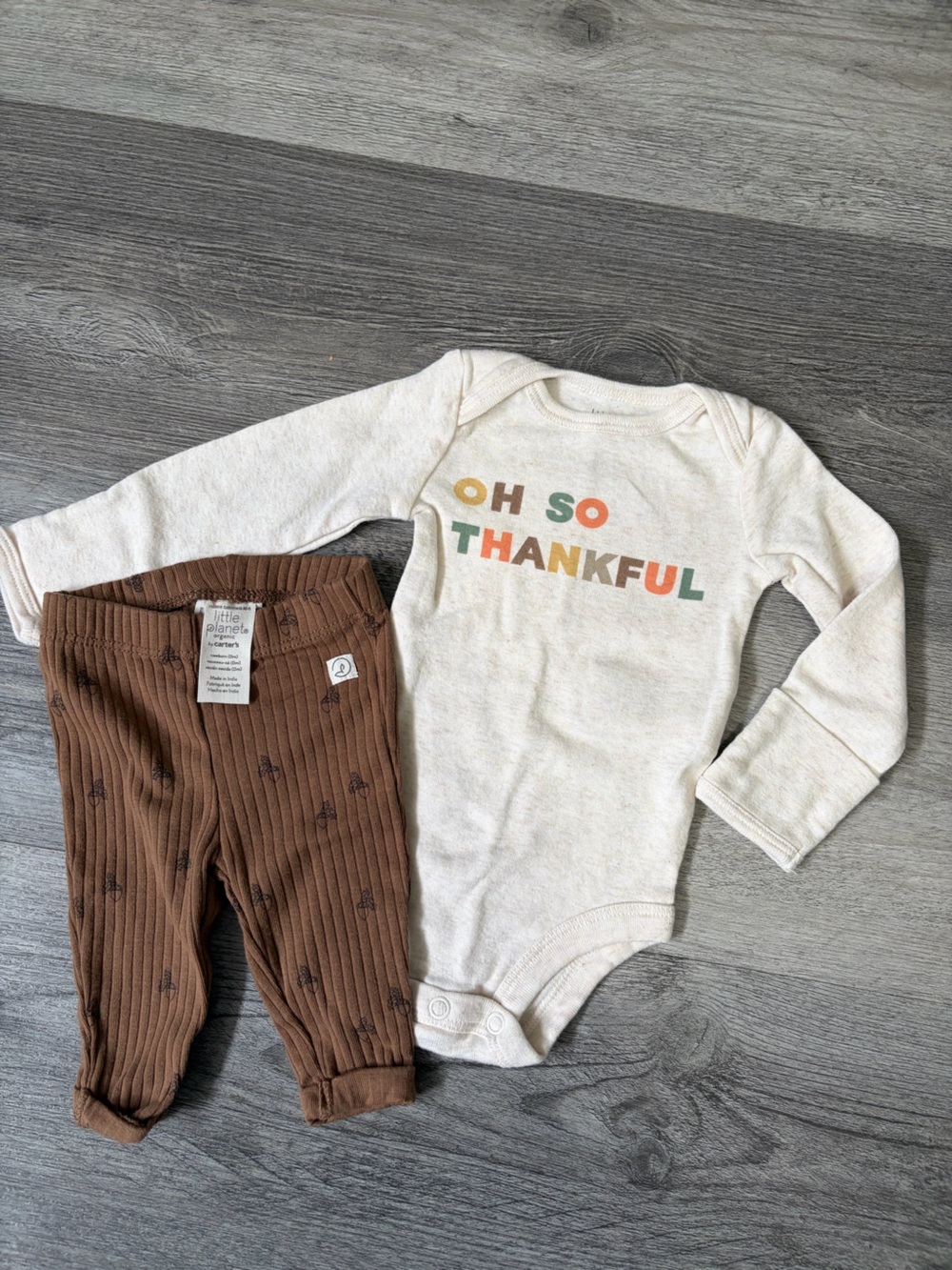 Newborn Matching Set - Cream 'Oh So Thankful' Bodysuit & Brown Ribbed Pants